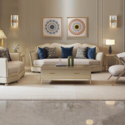 Toàn cảnh bộ sofa Phong Cách Mỹ SF618011-123 màu kem nhạt, đặt trong phòng khách sang trọng. Bộ sản phẩm gồm một ghế đơn…
