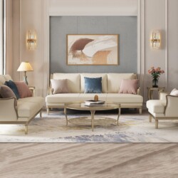 Toàn cảnh bộ sofa Phong Cách Mỹ SF618018-123 màu kem nhạt trong phòng khách sang trọng. Bộ sản phẩm gồm một sofa băng dài…
