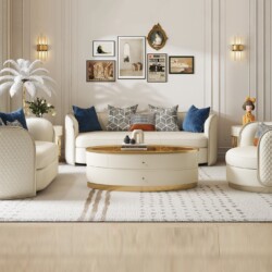 Bộ sofa phòng khách phong cách Mỹ luxury gồm một sofa băng dài và hai ghế đơn, bọc da/vải màu kem sang trọng. Ghế có tựa l…