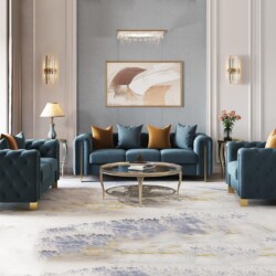 Bộ sofa phong cách Mỹ gồm một băng ba và hai ghế đơn, bọc vải nhung màu xanh ngọc bích sang trọng, chân và viền kim loại m…