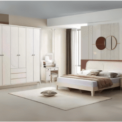 Toàn cảnh bộ giường ngủ BN2461-18 phong cách hiện đại, tông màu trắng kem chủ đạo, đặt trong không gian phòng ngủ sáng sủa…