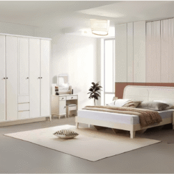 Toàn cảnh một phòng ngủ hiện đại được bài trí gọn gàng với bộ nội thất BN2461-5 màu kem. Giường ngủ 1m8x2m đặt giữa phòng…