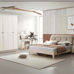 Toàn cảnh bộ giường ngủ hiện đại BN2463-18 trong phòng ngủ tông màu kem và trắng. Giường 1m8x2m với đầu giường bọc da nhân…