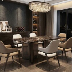 Bộ bàn ăn mặt đá hoa cương tự nhiên và 6 ghế được bài trí trong không gian phòng ăn hiện đại, sang trọng. Mặt bàn màu nâu…