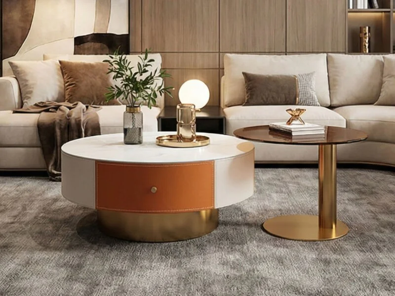 Bàn trà đôi BTQC332 đặt trong không gian phòng khách hiện đại luxury, với bàn lớn mặt đá trắng vân mây, thân bọc da cam và…