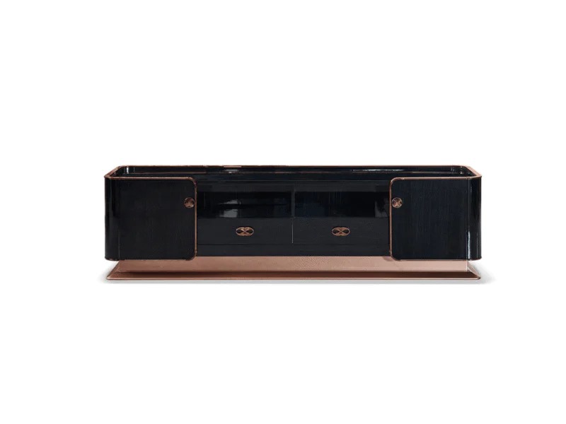 Kệ tivi luxury KTGD03-20 chụp chính diện trên nền trắng. Thiết kế hình hộp chữ nhật bo cong, màu đen bóng. Chân đế, tay nắ…