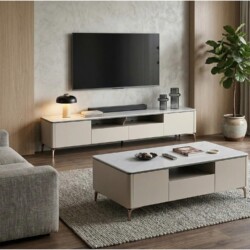 Bộ nội thất phòng khách hiện đại gồm bàn trà MONZA BT2515 và kệ tivi đồng bộ. Bàn trà hình chữ nhật, mặt đá trắng vân, thâ…