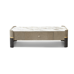Bàn trà luxury BT8828-16 chụp chính diện trên nền trắng, nổi bật mặt đá vân trắng nâu sang trọng. Thân bàn bọc vật liệu dệ…