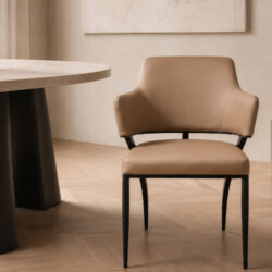 Ghế ăn bọc da Novaire GASJ-822 chụp chính diện, nổi bật với thiết kế hiện đại, thanh lịch. Lưng và tay vịn liền khối bo co…