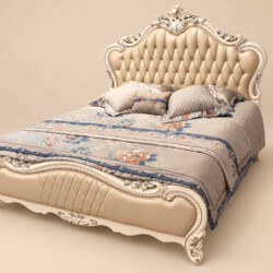 Giường ngủ PRINCESS ÉLODIE chụp từ góc cao, tổng thể giường bọc da màu trắng ngọc trai với các chi tiết chạm khắc nhũ vàng…