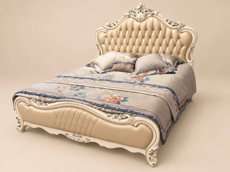 Giường ngủ PRINCESS ÉLODIE chụp từ góc cao, tổng thể giường bọc da màu trắng ngọc trai với các chi tiết chạm khắc nhũ vàng…