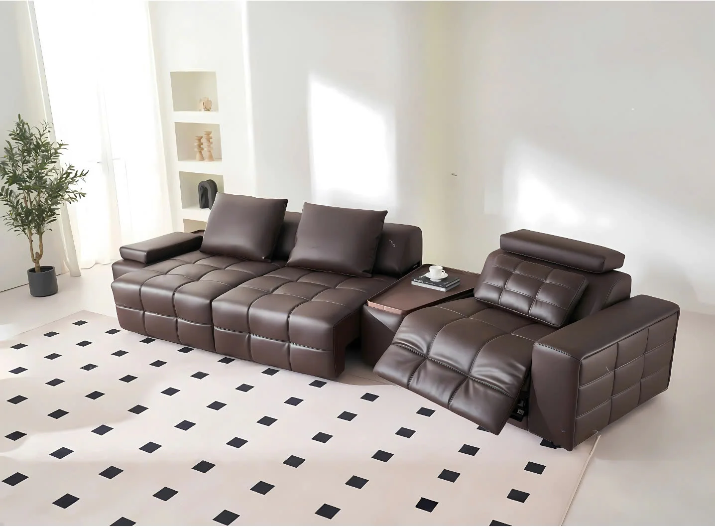 Ghế sofa chỉnh điện SF8132 màu nâu da bò, được chụp từ góc nhìn tổng thể trên cao, đặt trong một phòng khách hiện đại với…