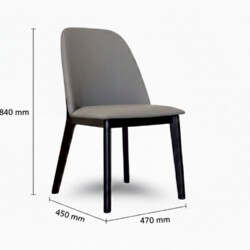 Chiếc ghế ăn hiện đại GA888 màu xám được chụp chính diện trên nền trắng, hiển thị rõ các thông số kích thước: chiều cao 84…