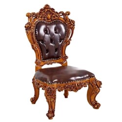 Ghế ăn tân cổ điển GAC101-TN chụp chính diện hơi chếch sang phải, nổi bật đường nét chạm khắc hoa văn tinh xảo trên khung…
