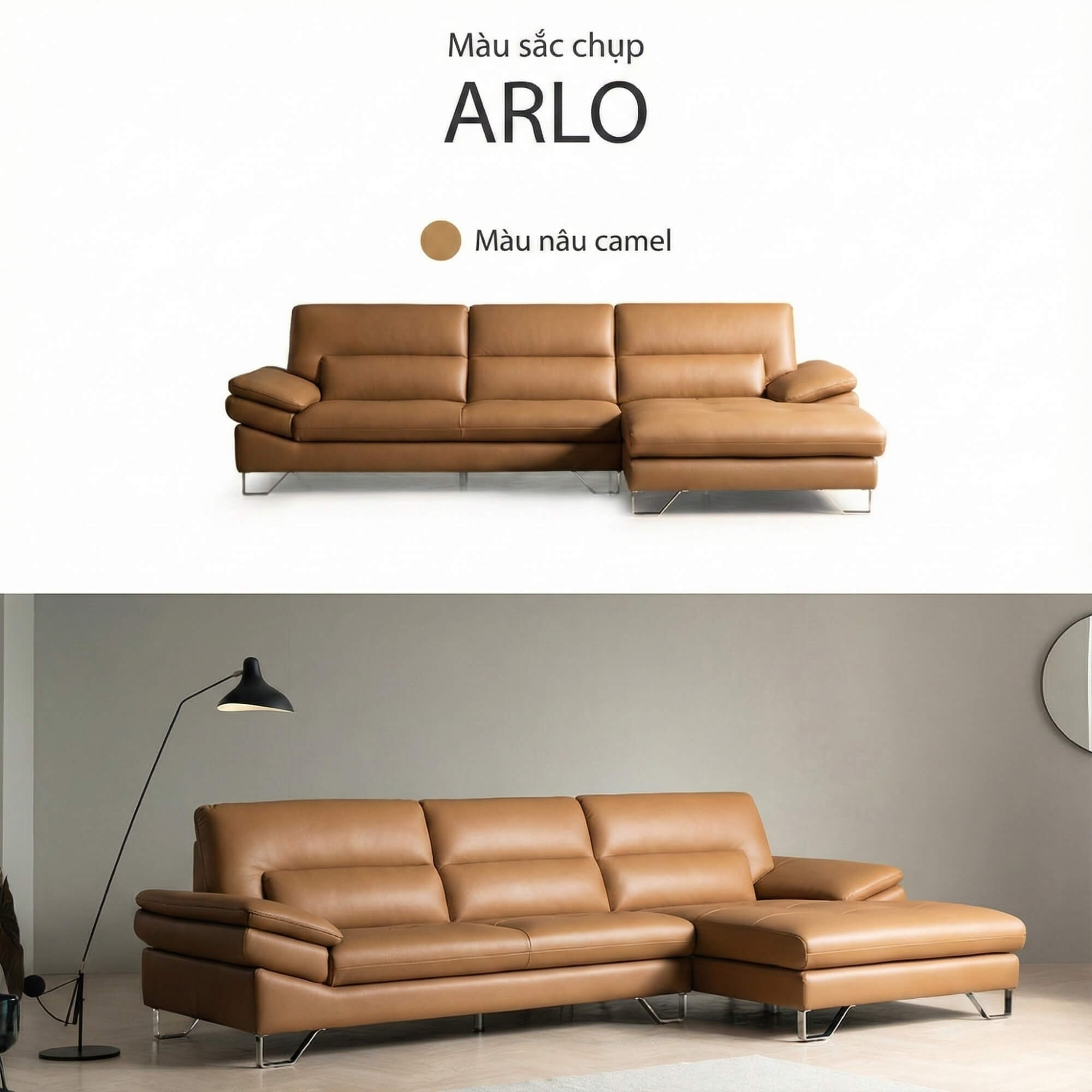 Sofa ARLO - Sofa Da Cao Cấp Góc Chữ L Hiện Đại Đệm Ngồi Êm Ái 