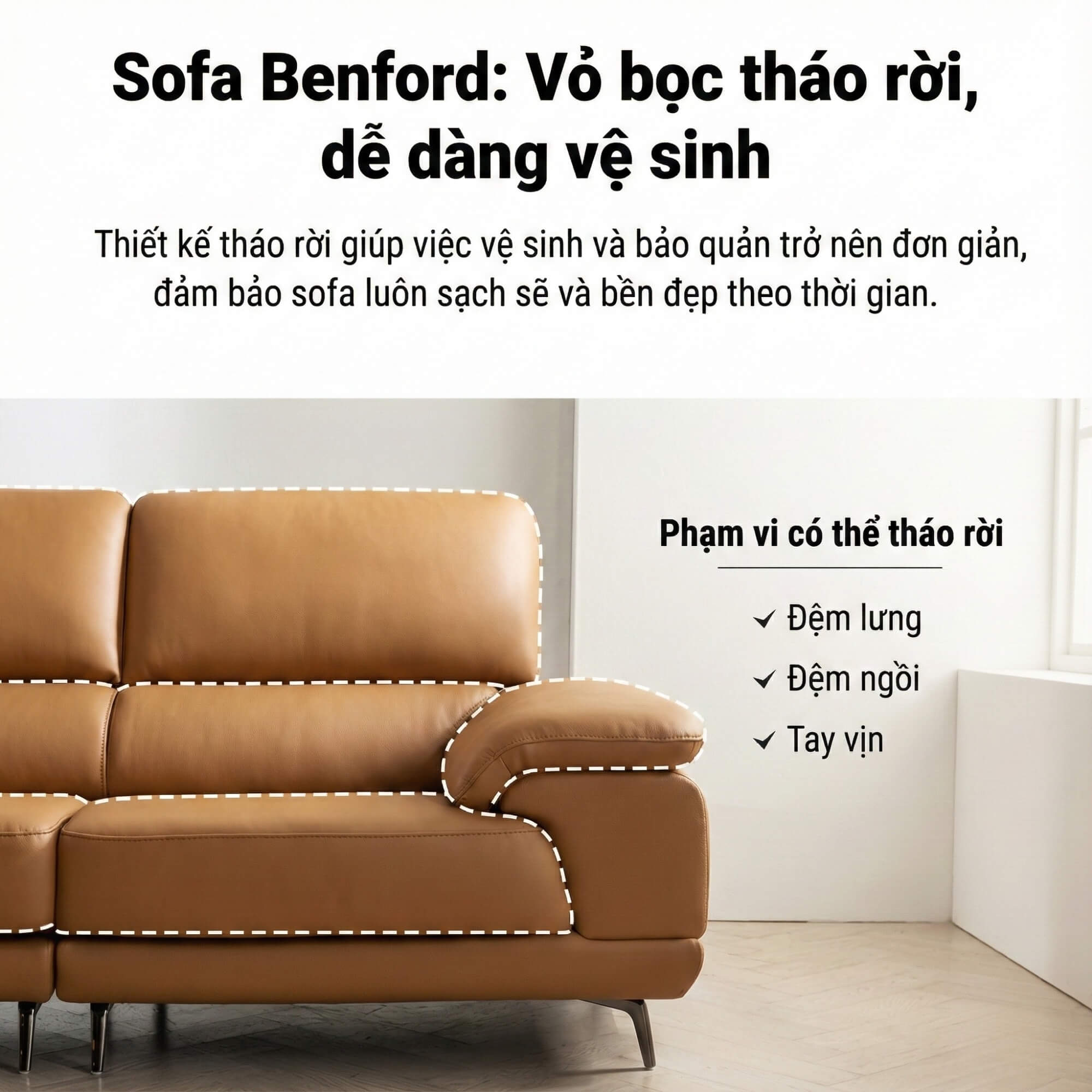 Sofa BENFORD – Sofa Băng Hiện Đại Bọc Da Thiết Di Chuyển Tự Do Êm Ái 