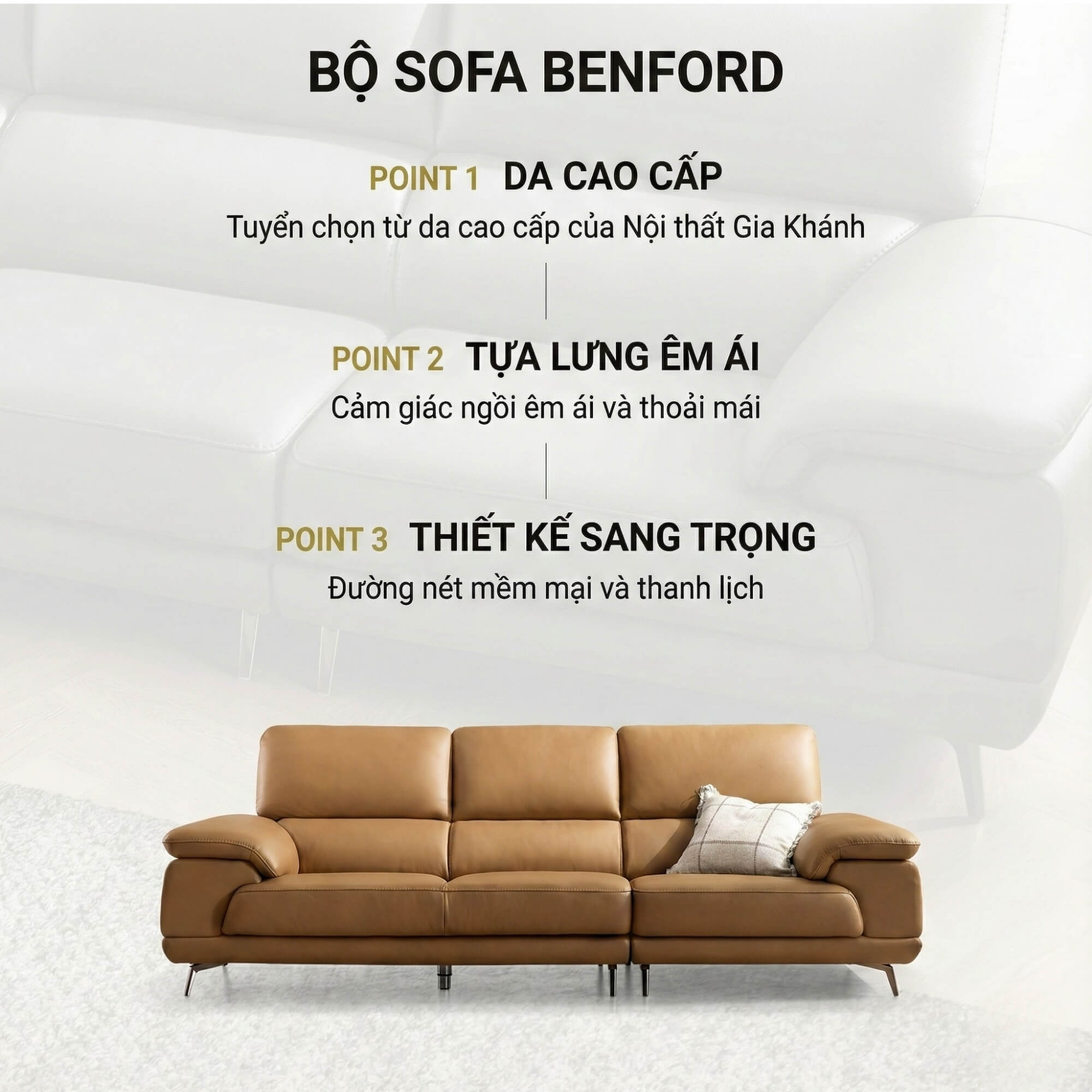 Sofa BENFORD – Sofa Băng Hiện Đại Bọc Da Thiết Di Chuyển Tự Do Êm Ái 