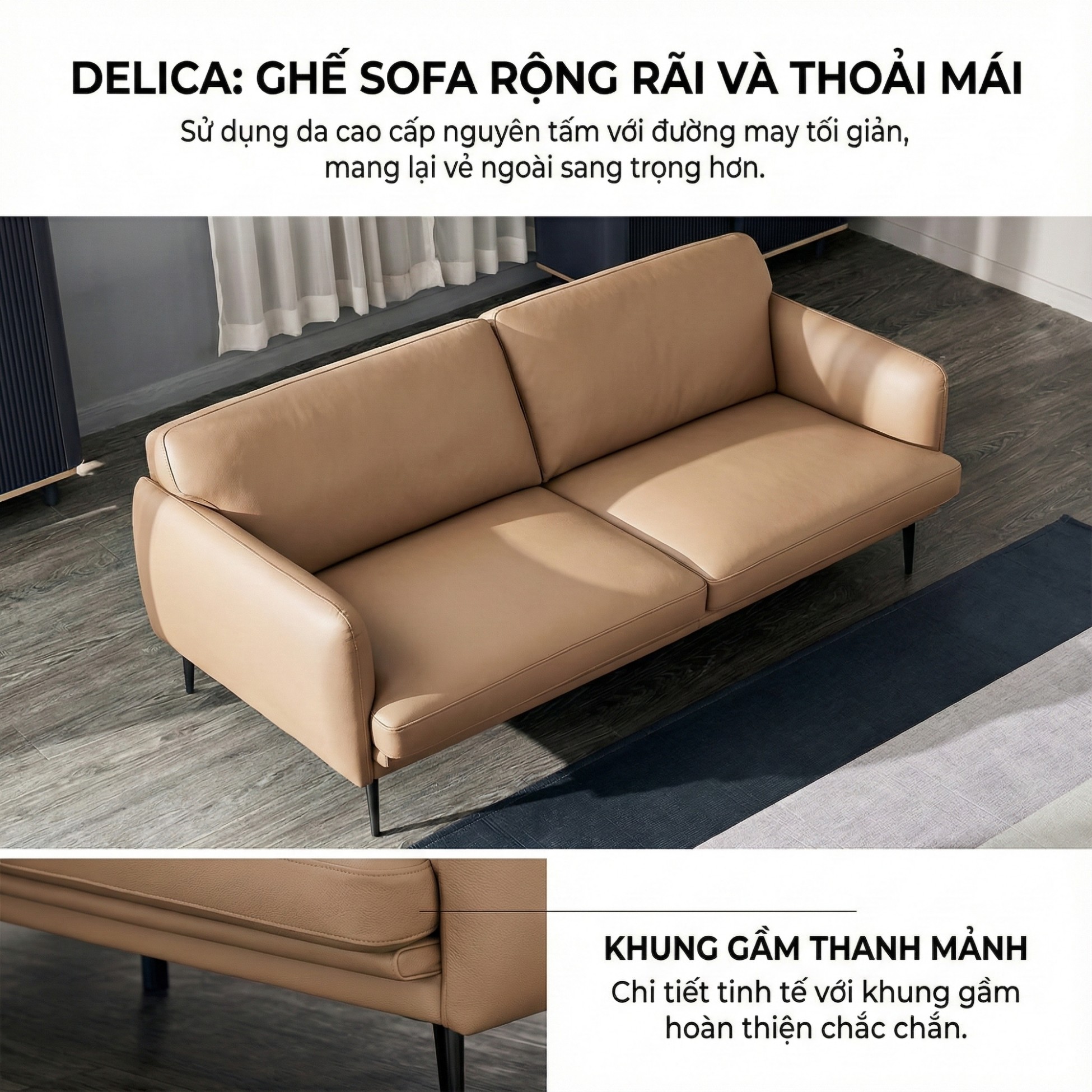 Sofa DELICA – Sofa Da Băng Đôi Cao Cấp Nhỏ Gọn Cho Phòng Khách Mini