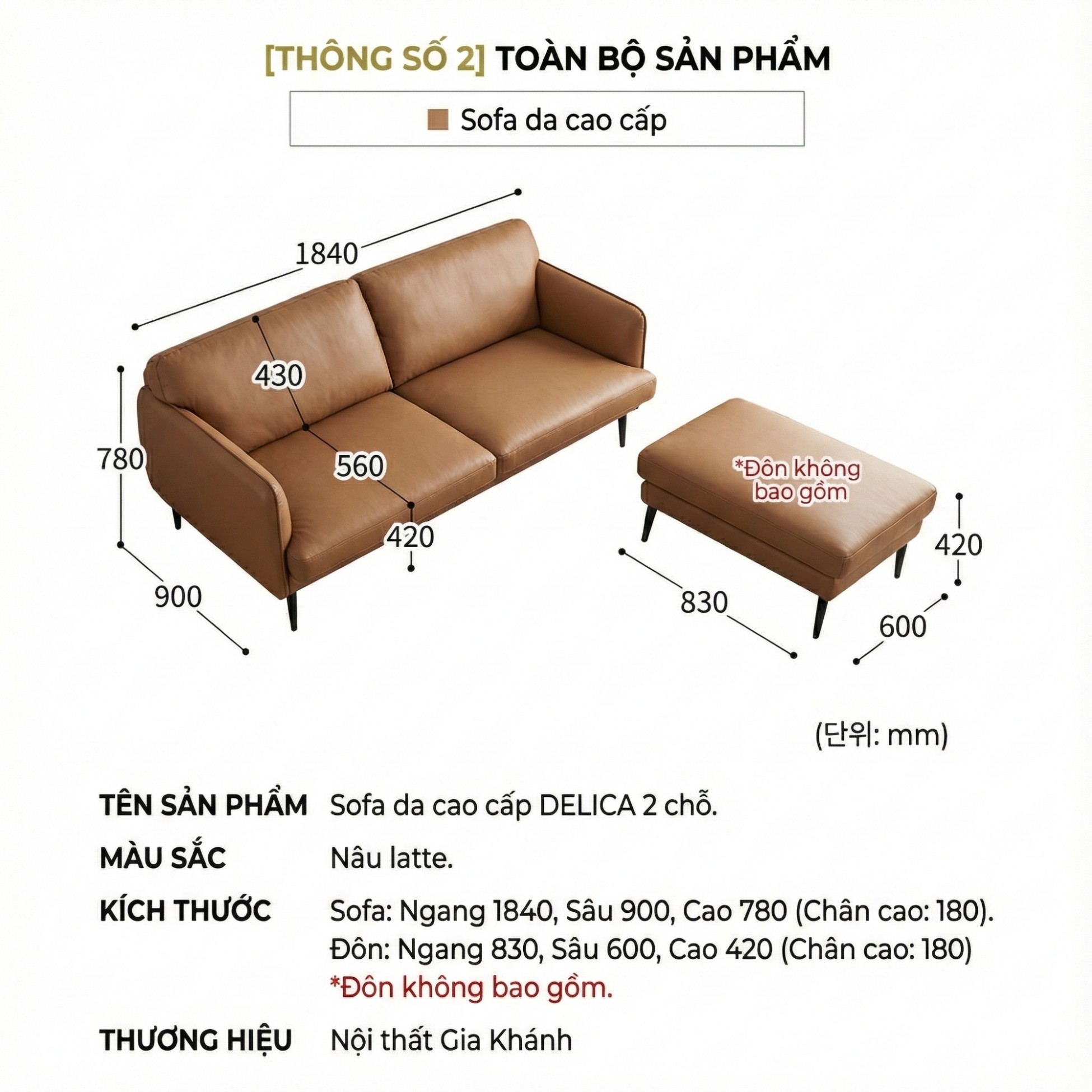 Sofa DELICA – Sofa Da Băng Đôi Cao Cấp Nhỏ Gọn Cho Phòng Khách Mini