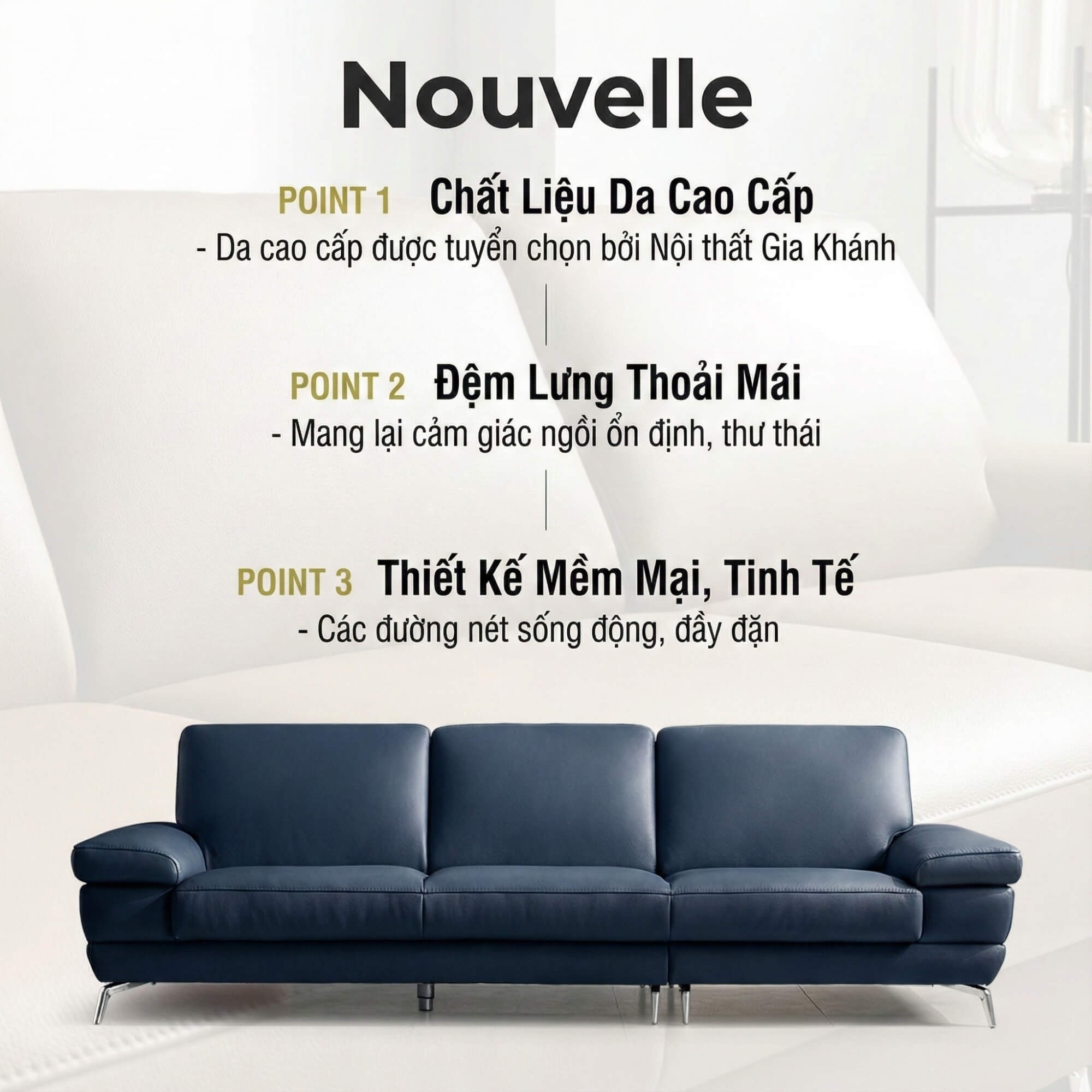 Sofa NOUVELLE – Sofa Băng 3.5 Chỗ Hiện Đại Bọc Da Sang Trọng 