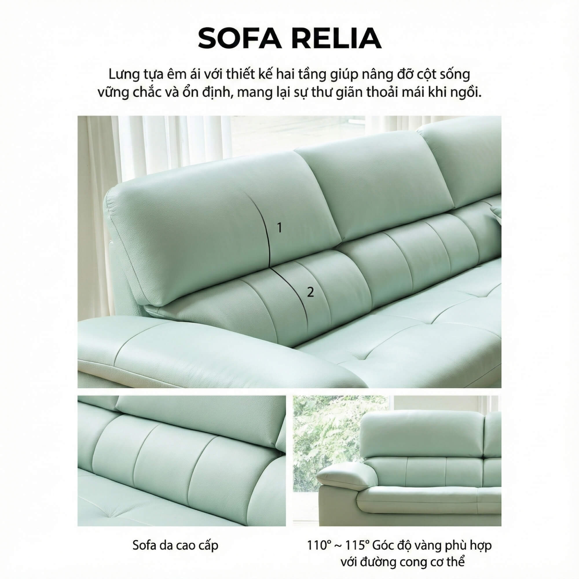 Sofa RELIA – Sofa Da Hiện Đại Dáng Băng Thiết Kế Nghỉ Ngơi Thư Thái 