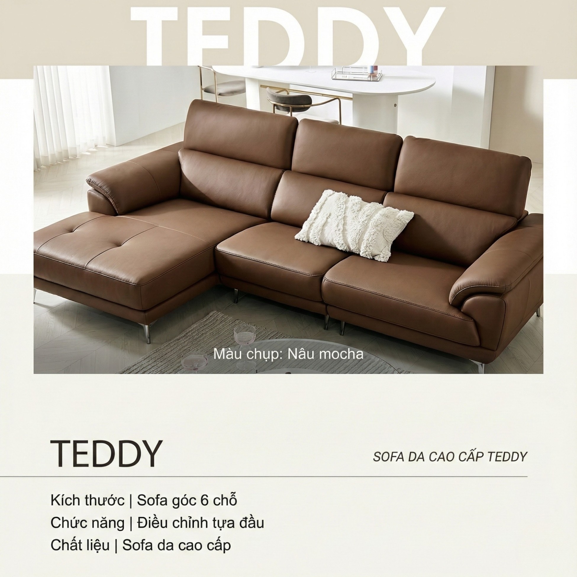 Sofa TEDDY – Sofa Hiện Đại Bọc Da Cao Cấp Thiết Kế Tinh Tế Êm Ái