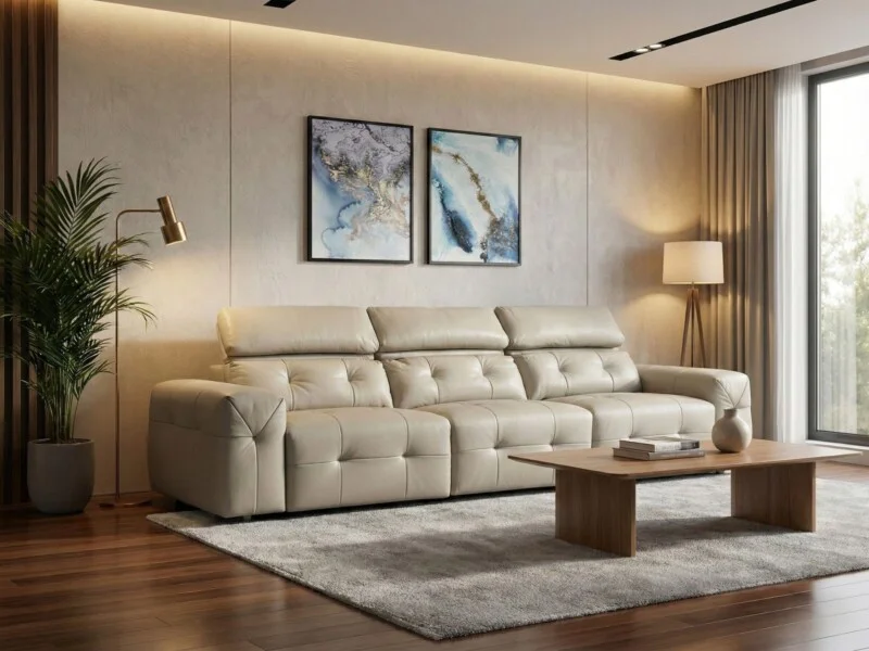 Ghế sofa chỉnh điện SF8143 màu kem nhạt được đặt trong một phòng khách sang trọng, chụp từ góc hơi chếch. Sofa có thiết kế…