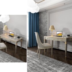 Bộ bàn làm việc BL618091/072 được chụp từ góc hơi chếch, cho thấy cả bàn và ghế trong không gian phòng làm việc sang trọng…