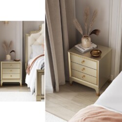 Tủ đầu giường TA618035 màu kem nhạt, thiết kế phong cách Mỹ với ba ngăn kéo có tay nắm tròn màu vàng đồng. Chân tủ cách đi…