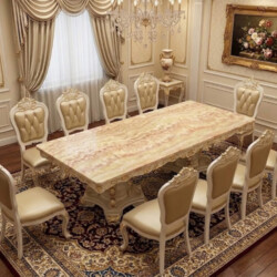 Bộ Bàn Ăn Tân Cổ Điển Montavelle 10 Ghế BAT66-24 Dát Vàng Họa Tiết