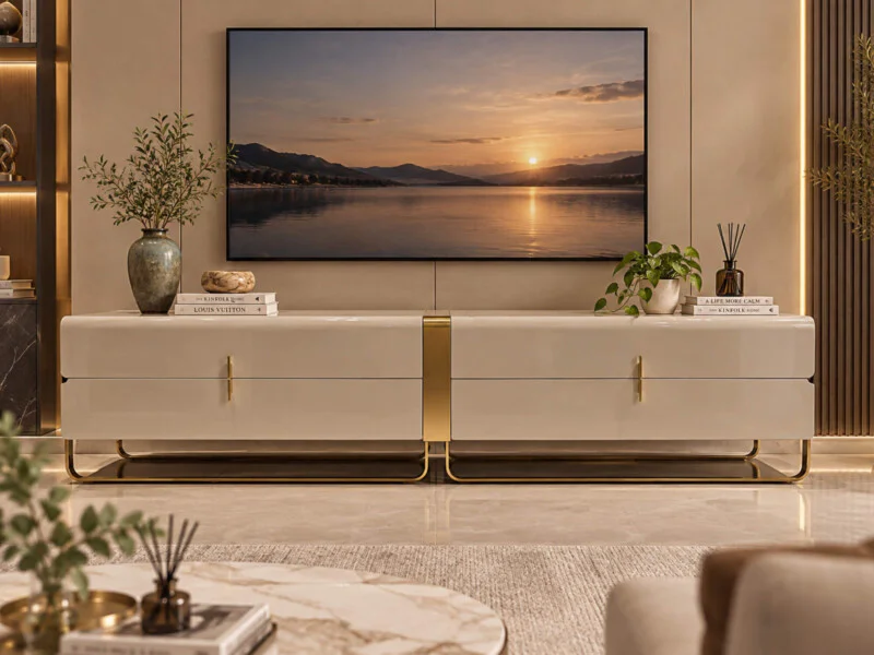 Kệ tivi ARMAND hiện đại luxury đặt trong phòng khách sang trọng. Kệ màu trắng kem bóng với hai hộc kéo lớn, tay nắm và châ…