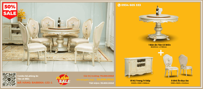 Combo Bàn Ăn Tân Cổ Điển BA88066A