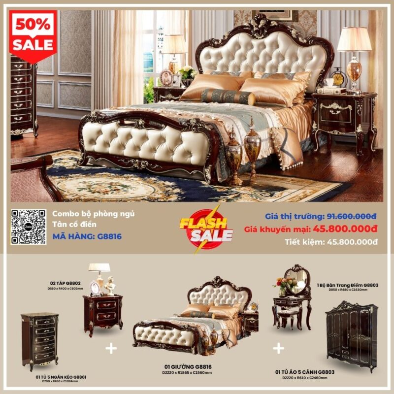 Combo Bộ Giường Ngủ Tân Cổ Điển G8816