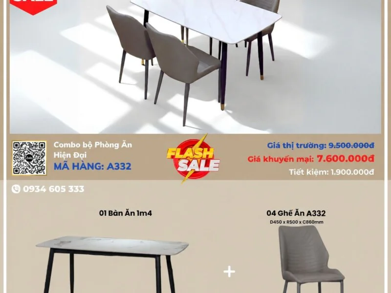 Hình ảnh tổng quan combo bàn ăn hiện đại A332 từ góc nhìn trên cao, hiển thị bàn ăn mặt đá chữ nhật màu trắng vân mây cùng…
