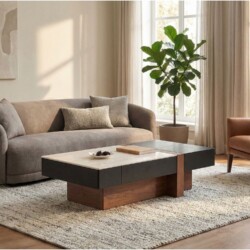 Bàn trà BT8608-13 đặt trong không gian phòng khách ấm cúng, hiện đại, với sofa màu be và ghế bành da nâu. Bàn trà có mặt đ…