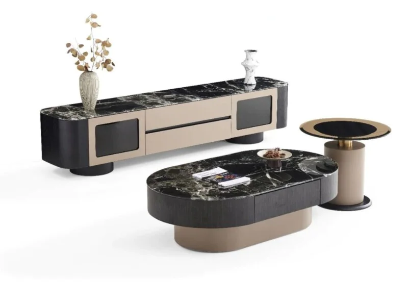 Bộ sản phẩm bàn trà đôi và kệ tivi mặt đá tự nhiên 2502 được chụp từ góc cao, nổi bật trên nền trắng tinh khiết. Kệ tivi d…