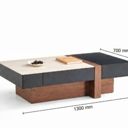 Bàn trà BT8608-13 chụp góc nghiêng trên nền trắng, hiển thị rõ các kích thước chi tiết: chiều dài 1300mm, chiều rộng 700mm…