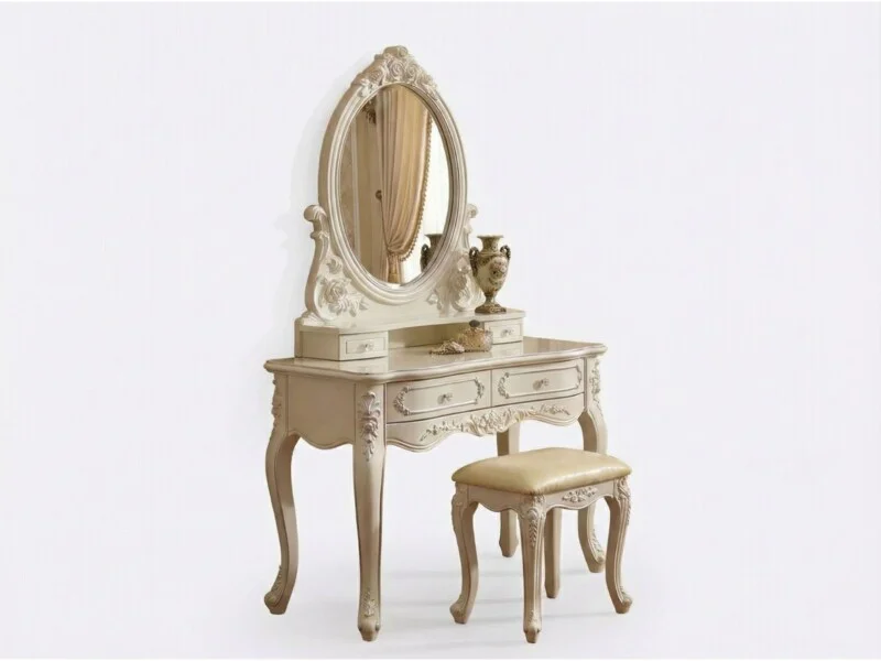 Toàn cảnh bộ bàn trang điểm tân cổ điển BDC509 màu trắng ngọc trai, bao gồm bàn có gương bầu dục và ghế đôn bọc da màu kem…