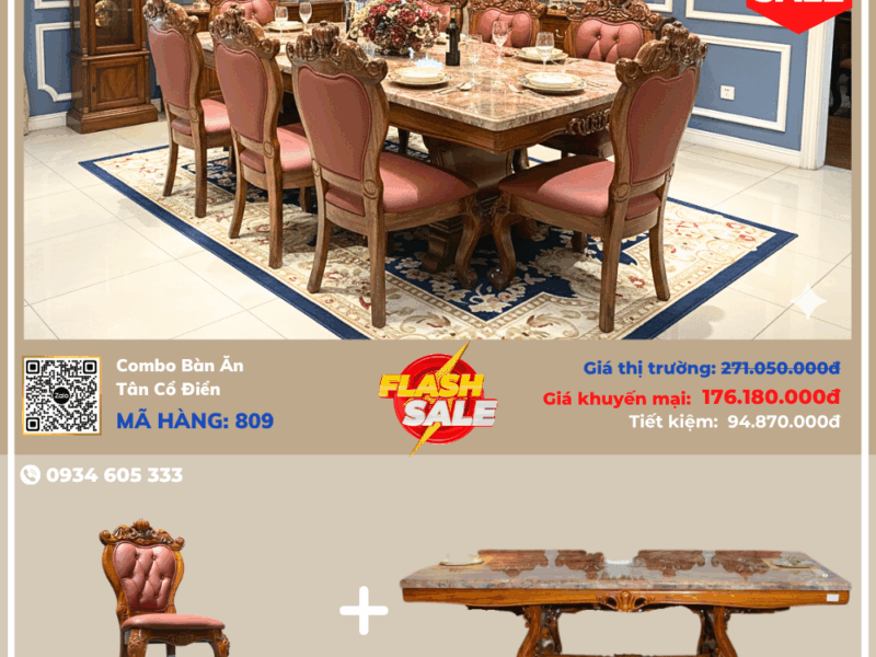 Combo Bộ Bàn Ăn Gỗ Mun 2m6 Mặt Đá Cẩm Thạch 809