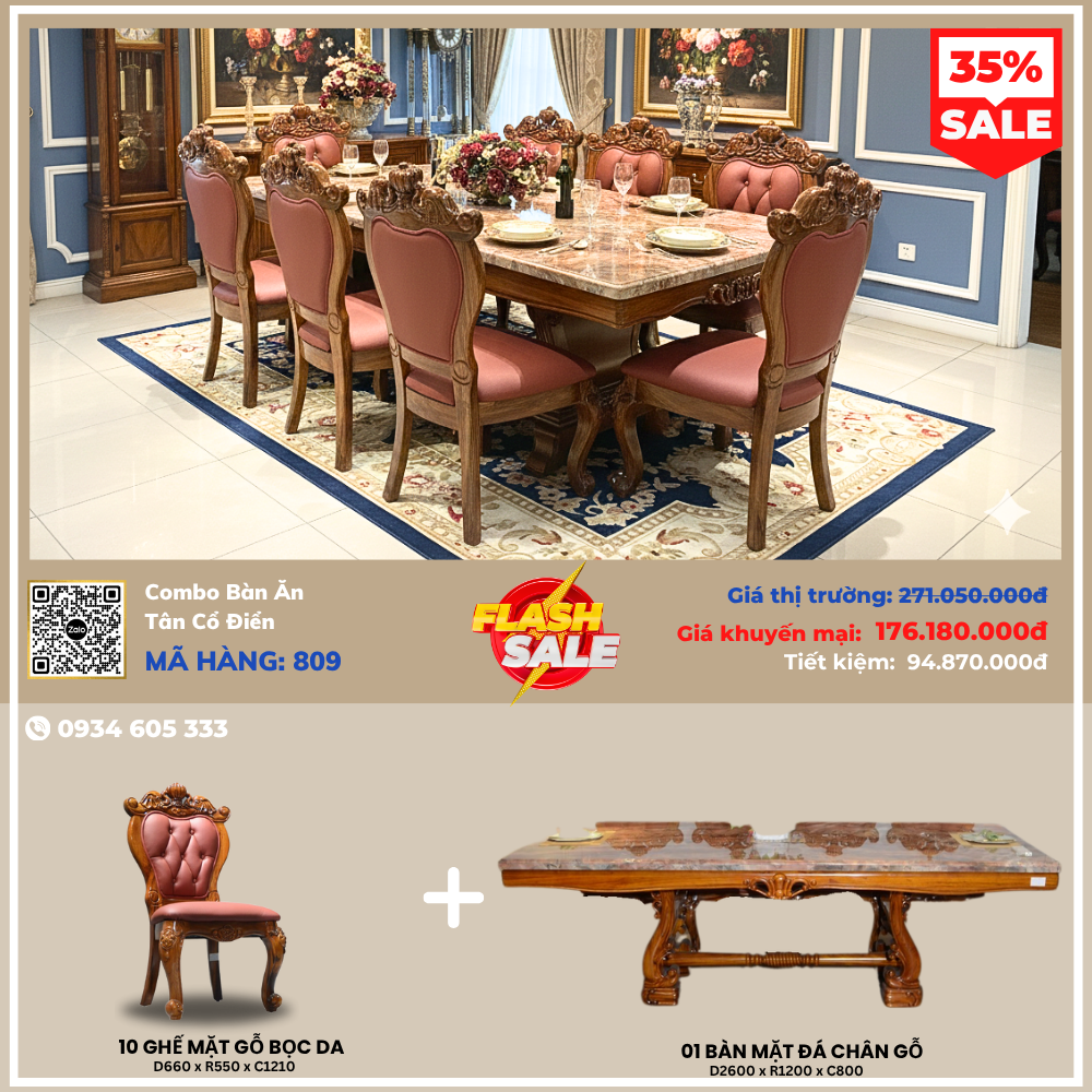 Combo Bộ Bàn Ăn Gỗ Mun 2m6 Mặt Đá Cẩm Thạch 809