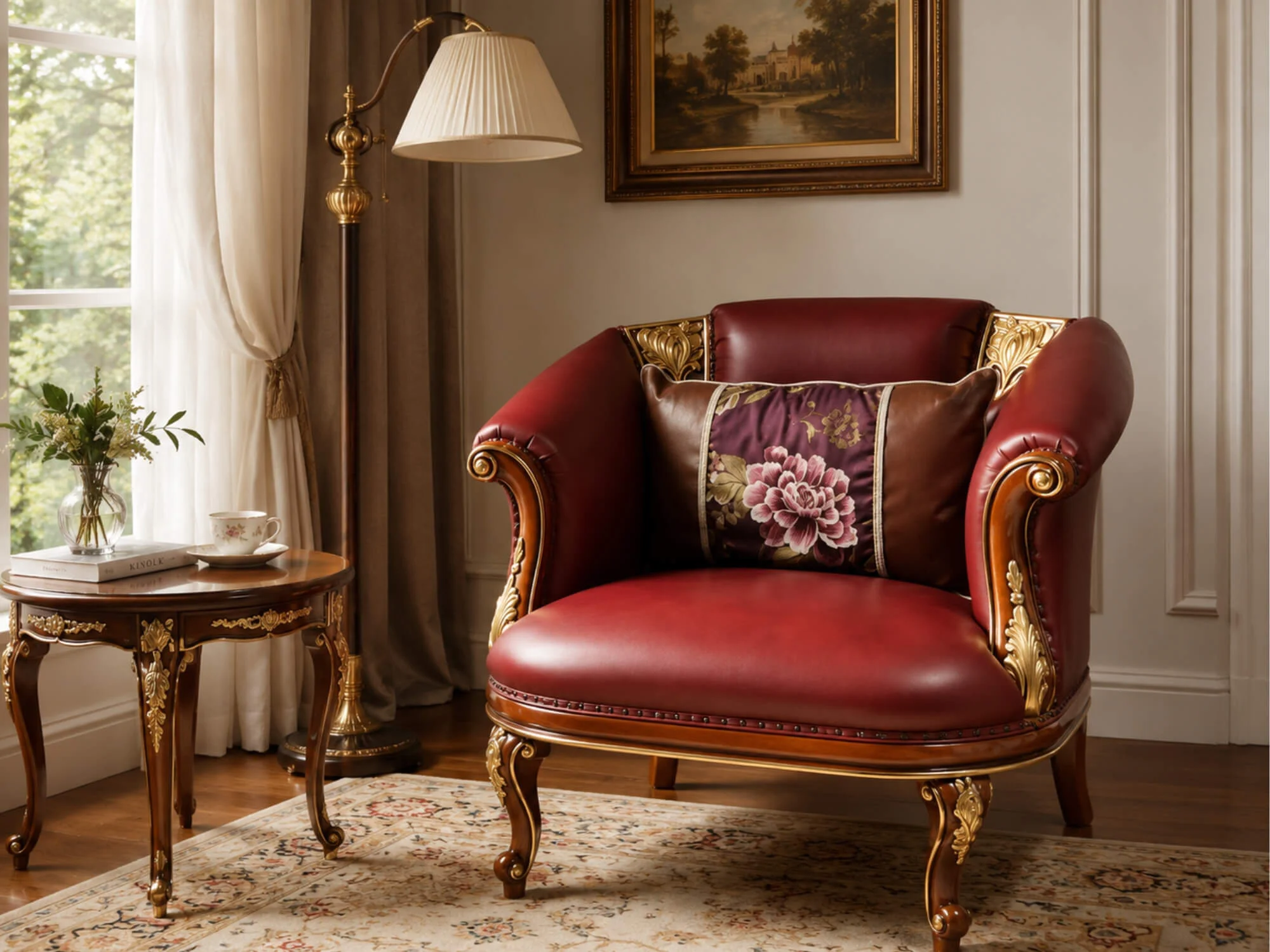 Ghế thư giãn FLORENCE CLASSIC GTG 8802 màu đỏ đô, chụp góc nghiêng bên phải trong không gian phòng khách tân cổ điển. Ghế…