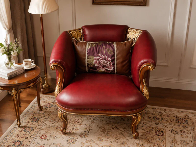 Ghế thư giãn FLORENCE CLASSIC GTG 8802 màu đỏ đô, chụp cận cảnh từ phía trước hơi nghiêng. Ghế nổi bật với đường cong mềm…