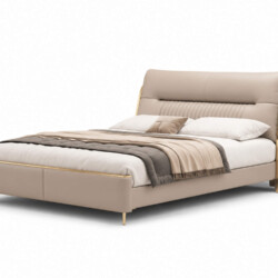 Giường ngủ GIQF918-18 chụp toàn cảnh trên nền trắng, làm nổi bật thiết kế và màu sắc. Giường có đầu giường bọc da màu be n…