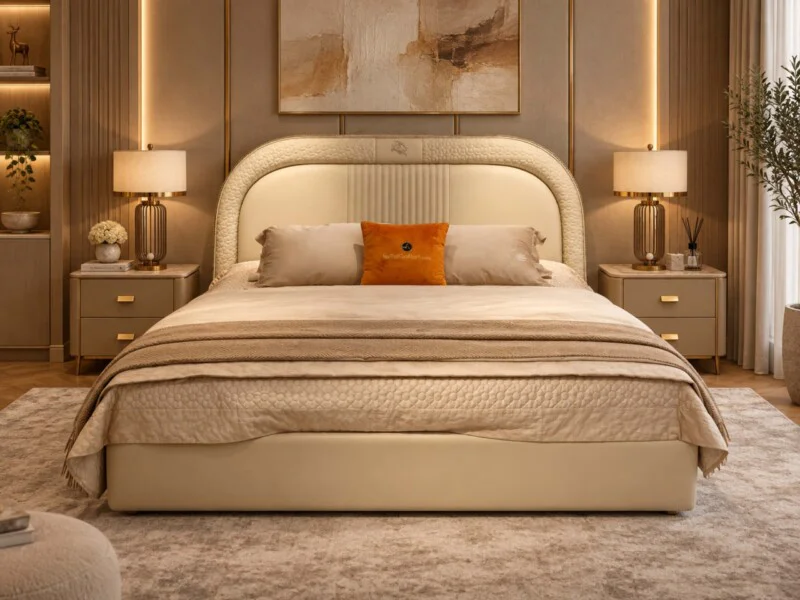 Giường Ngủ Pegasus Luxe GIQF811-18 được đặt trong một phòng ngủ luxury với tông màu kem và nâu ấm áp. Giường bọc da màu ke…