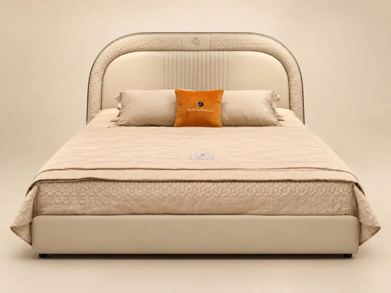 Giường Ngủ Pegasus Luxe GIQF811-18 nhìn trực diện từ phía trước, tổng thể màu kem trang nhã. Đầu giường cong nhẹ, bọc da b…