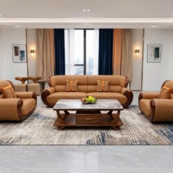Bộ sofa ARCO SBF311-114 gồm một băng dài và hai ghế đơn, bọc da màu nâu vàng, với khung gỗ Mun tự nhiên uốn lượn ở tay vịn…
