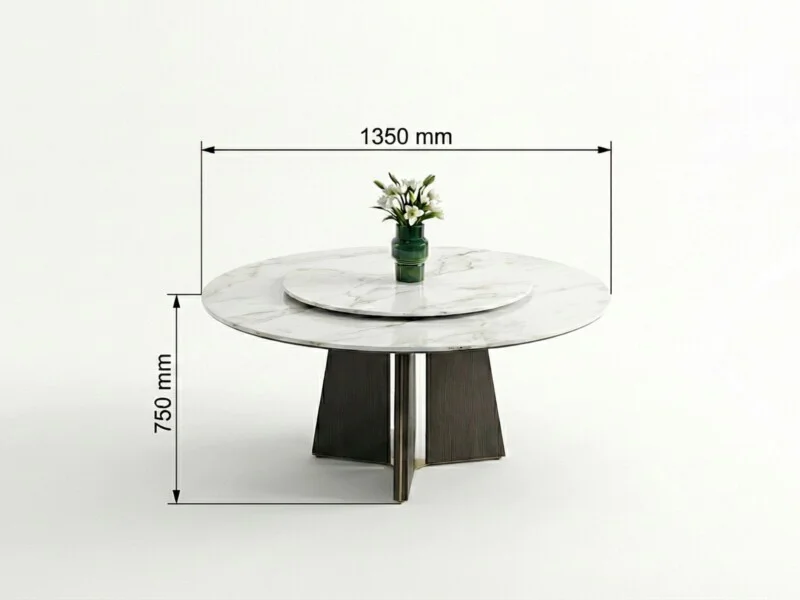 Hình ảnh chi tiết bàn ăn tròn mặt đá tự nhiên BAQ986-135 trên nền trắng studio, hiển thị rõ kích thước đường kính 1350mm v…