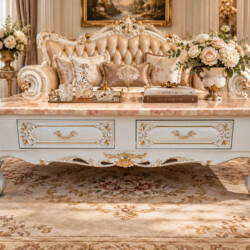 Bàn trà BELLAROSE chụp chính diện, đặt trước bộ sofa tân cổ điển màu kem, tạo nên tổng thể hài hòa và đẳng cấp. Bàn có mặt…