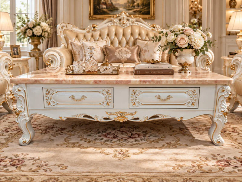 Bàn trà BELLAROSE chụp chính diện, đặt trước bộ sofa tân cổ điển màu kem, tạo nên tổng thể hài hòa và đẳng cấp. Bàn có mặt…