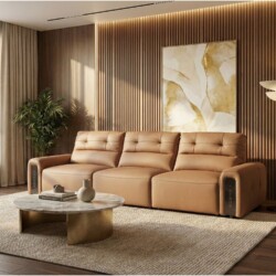 Ghế sofa chỉnh điện SF8144 màu nâu be đặt trong phòng khách hiện đại, chụp từ góc rộng phía trước. Sofa có thiết kế băng d…